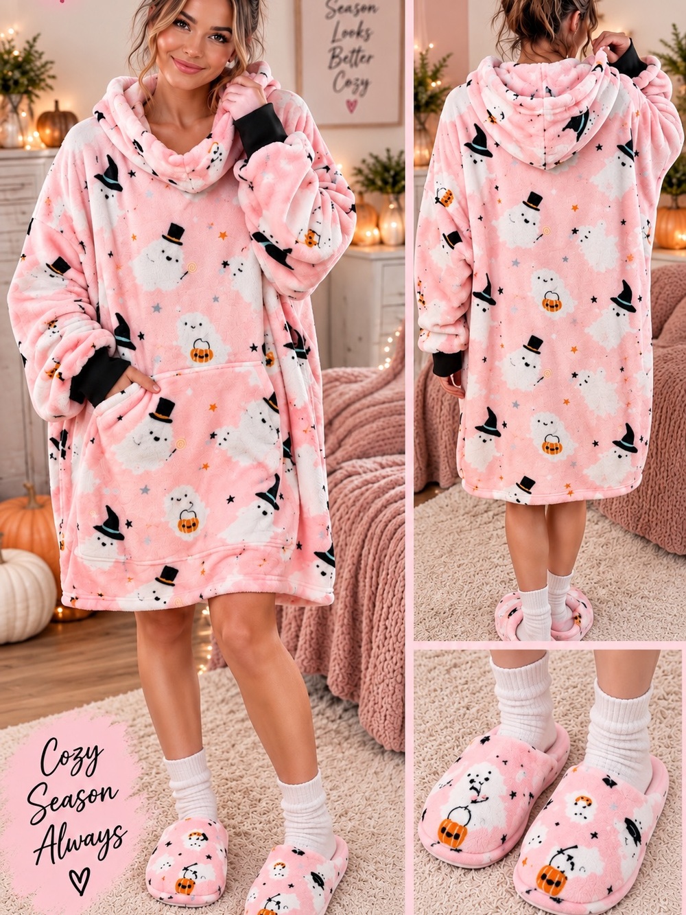NWT Cupcakes & Cashmere Pink Ghost Oversized Hoodie Slipper Set (Slippers 7/8)